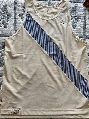 Tracksmith Cream Tank with Navy Diagonal Stripe men size medium